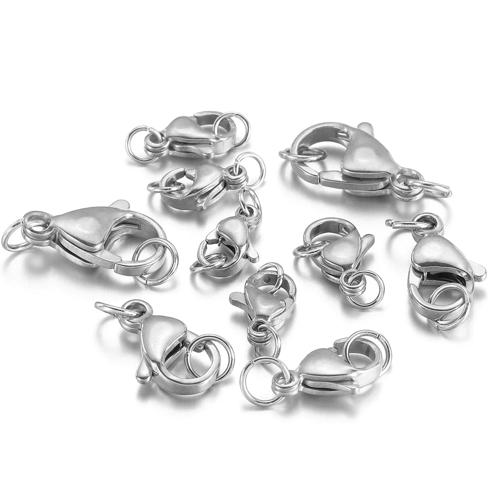 Silver lobster clasp connectors with attached jump rings, assorted angles