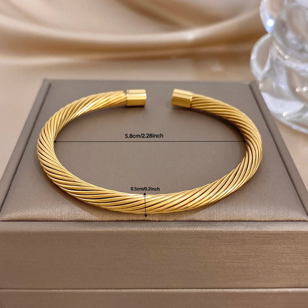 Fashion Gold Plated Stainless Steel Cuff Bangle for Women Glossy Twisted Chunky Open Bangle Bracelets Waterproof Jewelry