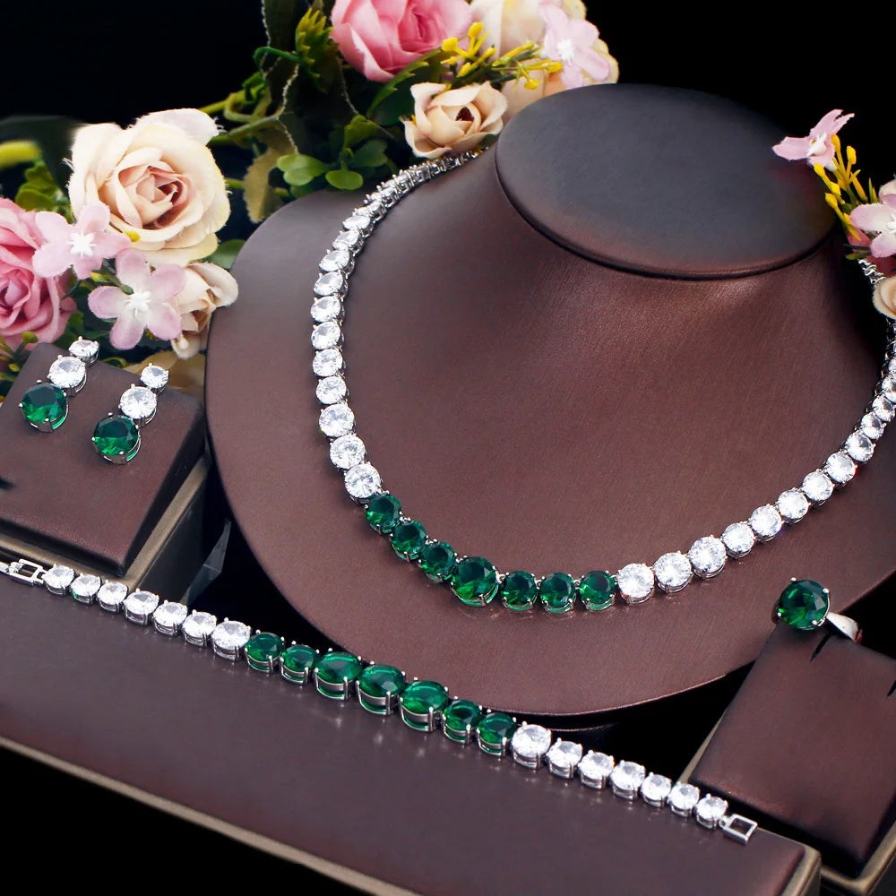 Green and clear round cubic zirconia tennis necklace with matching bracelet and studs