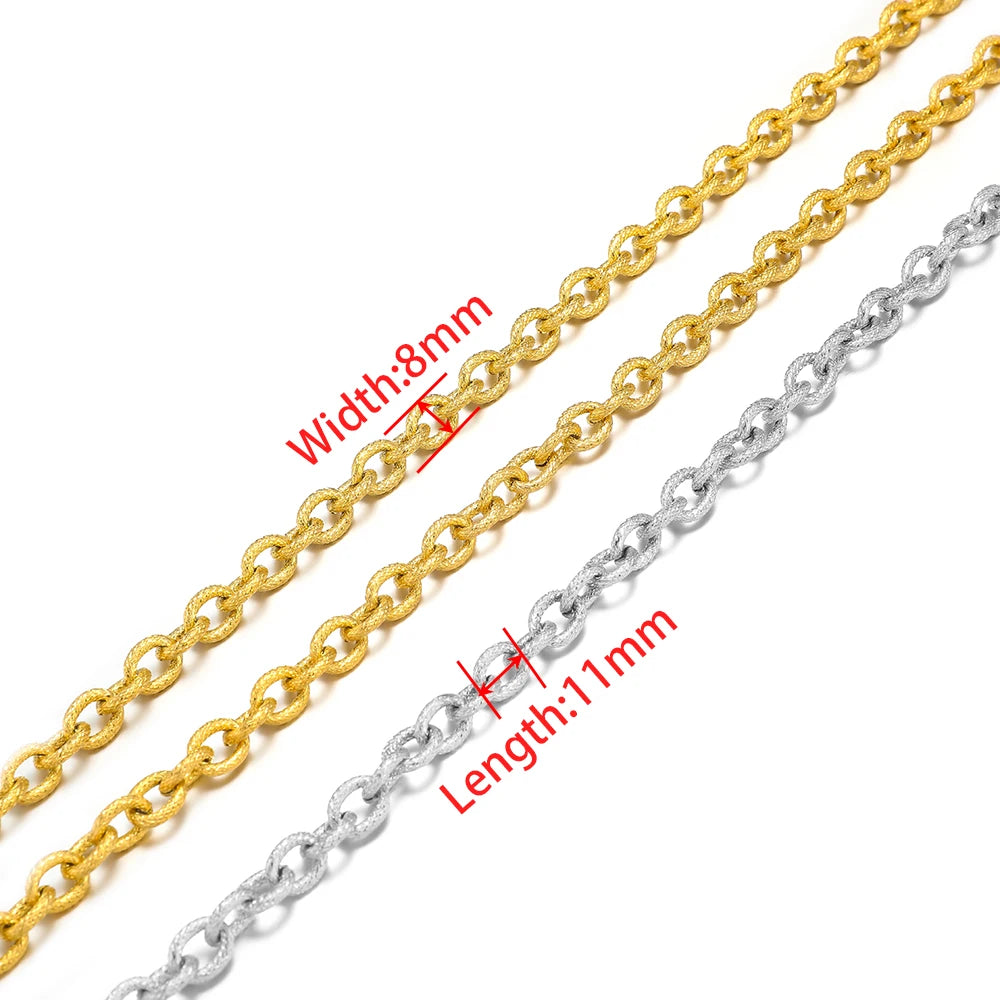 Gold and steel chunky chain links showing width 8mm and link length 1.1mm