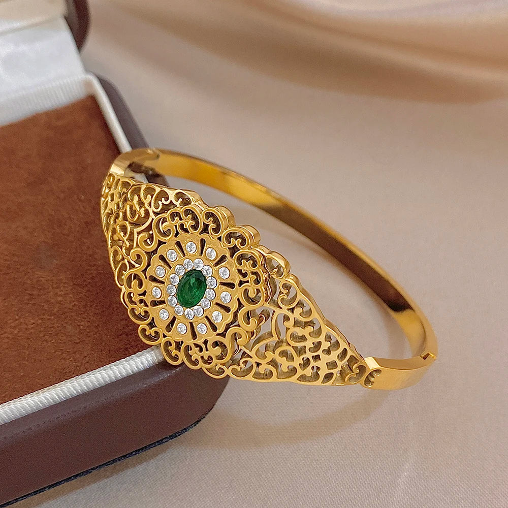 Exquisite Palace Hollow Flower Carved Bracelet for Women Chic Zircon Gold Plated Stainless Steel Cuff Bangles Waterproof Jewelry