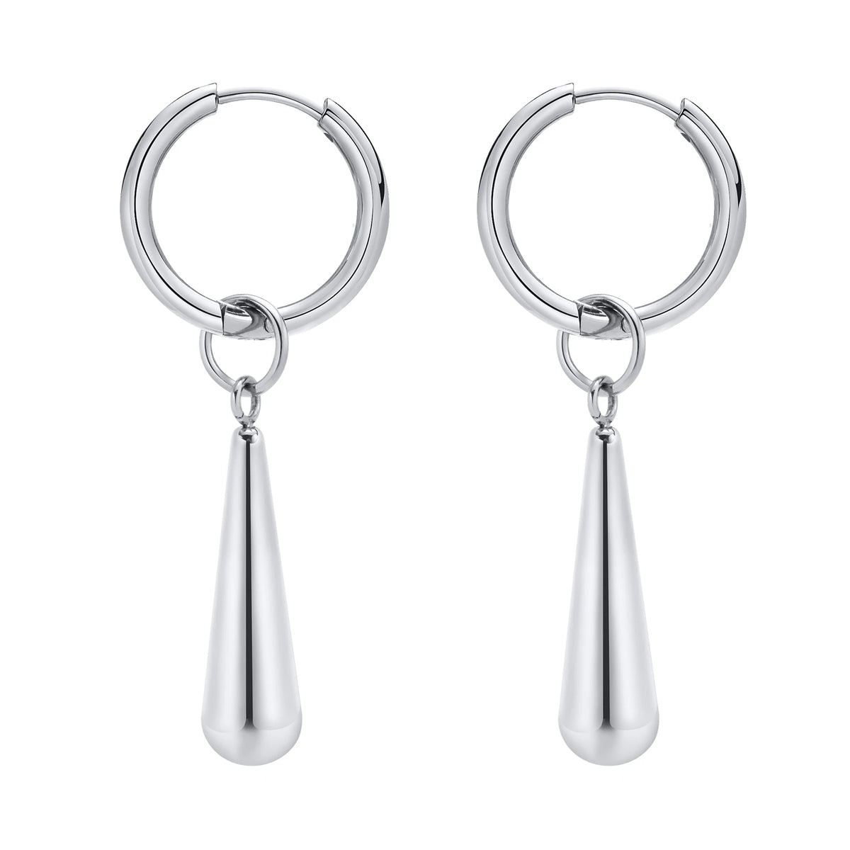 Silver-tone hoop earrings with polished tapered teardrop pendants