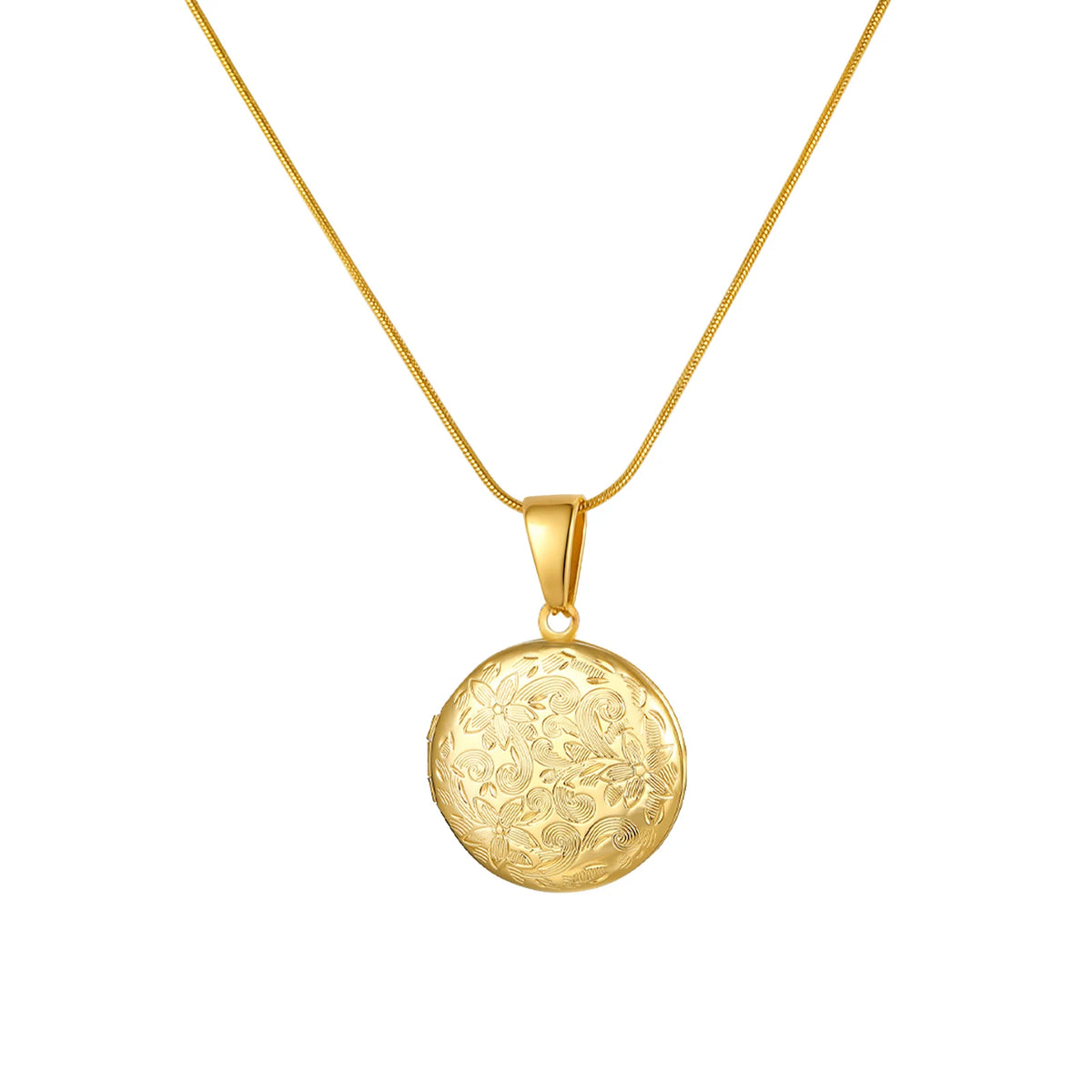 Gold heart locket necklace with gold-tone chain and engraved round pendant