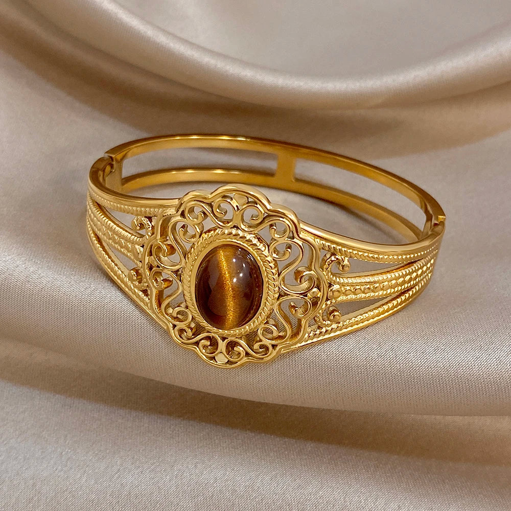 Retro Gold Plated Stainless Steel Cuff Bangle for Women Exaggerated Carved Flower Tiger's Eye Stone Bracelets Waterproof Jewelry