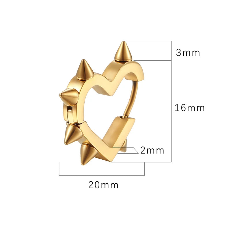 Gold heart hoop earring size diagram: 20mm outer, 16mm inner, 3mm points