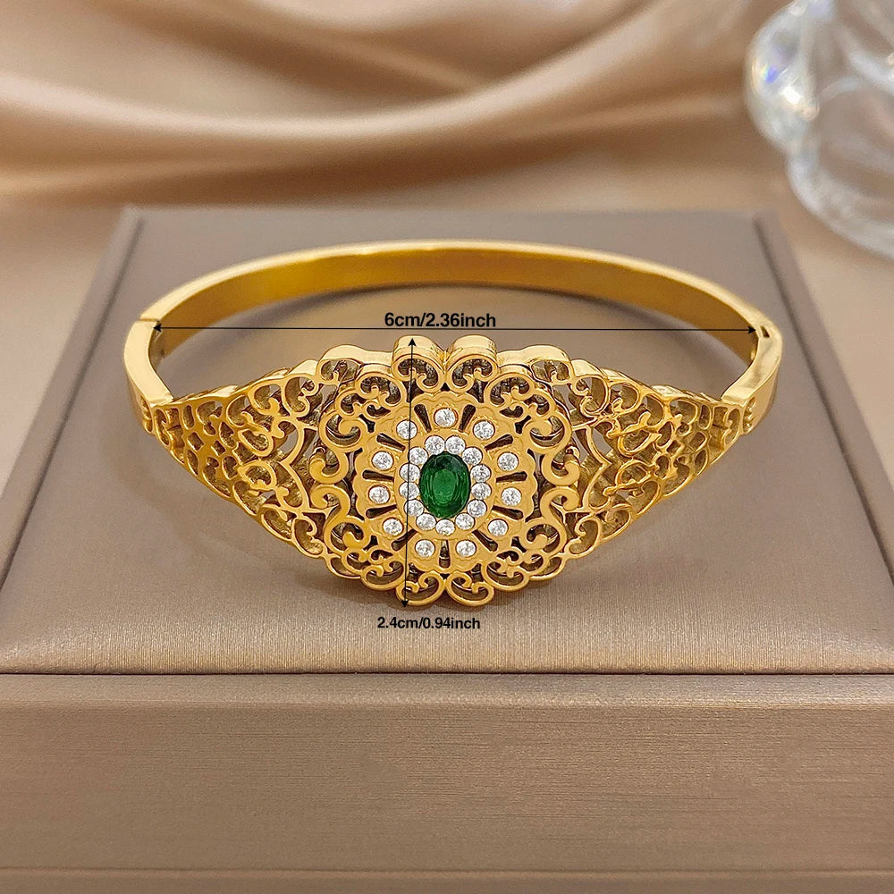 Exquisite Palace Hollow Flower Carved Bracelet for Women Chic Zircon Gold Plated Stainless Steel Cuff Bangles Waterproof Jewelry