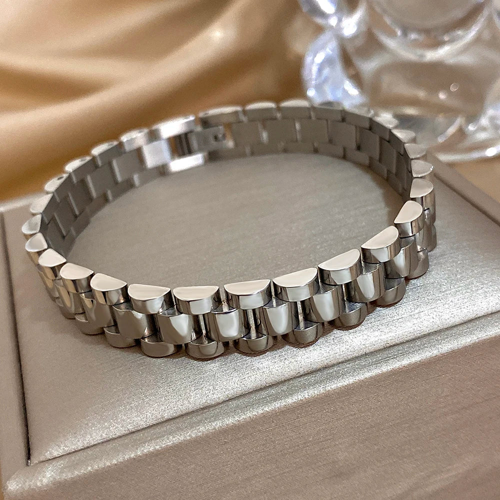 Classic Belt Buckle Stainless Steel Bracelet for Women Men Chunky Gold Silver Color Watch Band Bangles Waterproof Jewelry
