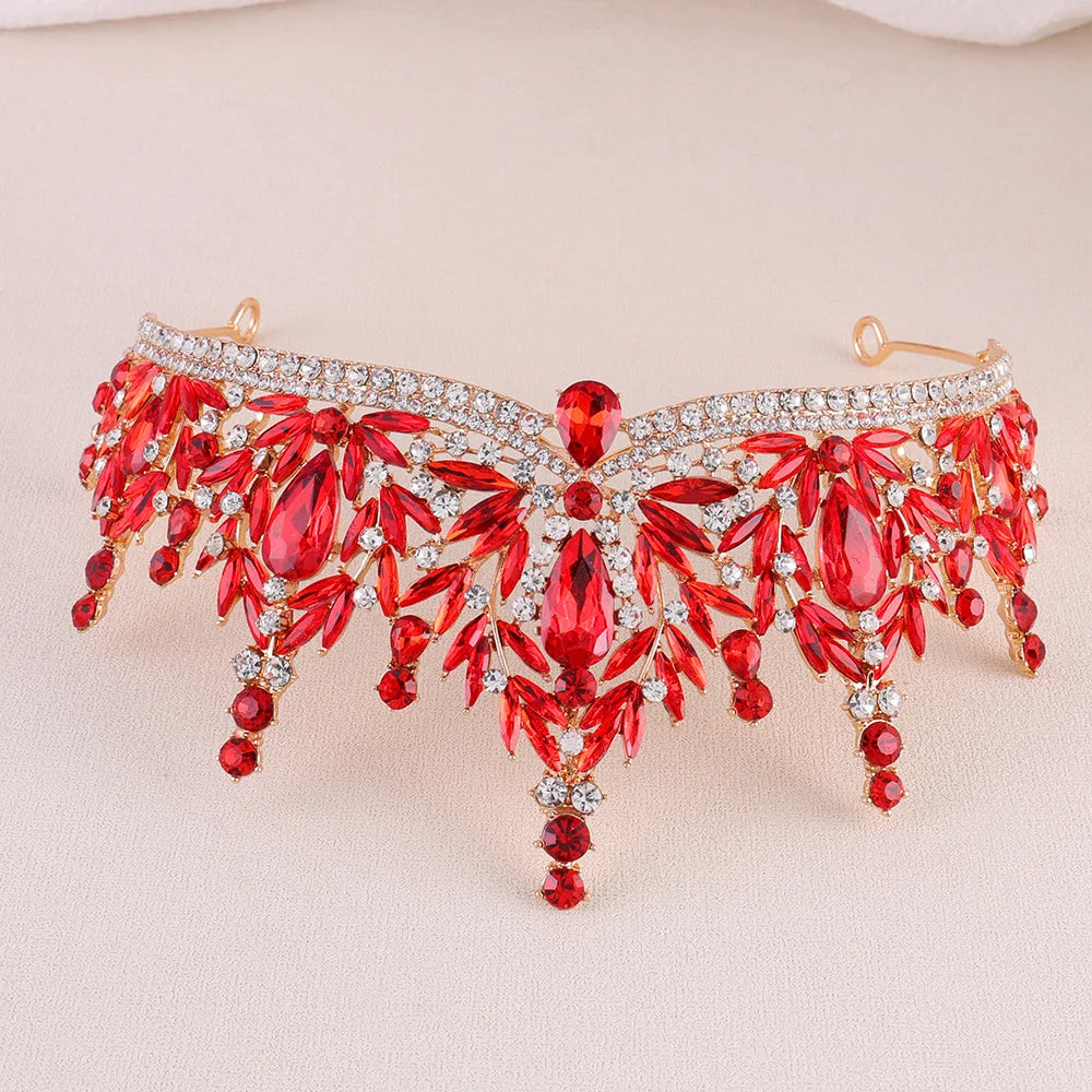 Red crystal rhinestone tiara with leaf fringe and central oval jewel drop