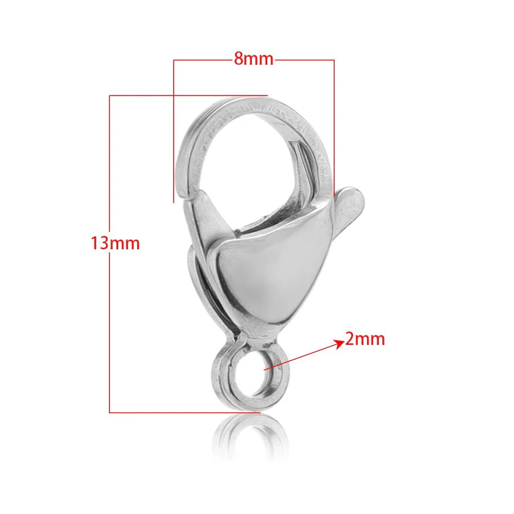 Stainless steel lobster clasp hook, 13mm length, 8mm width, 2mm ring