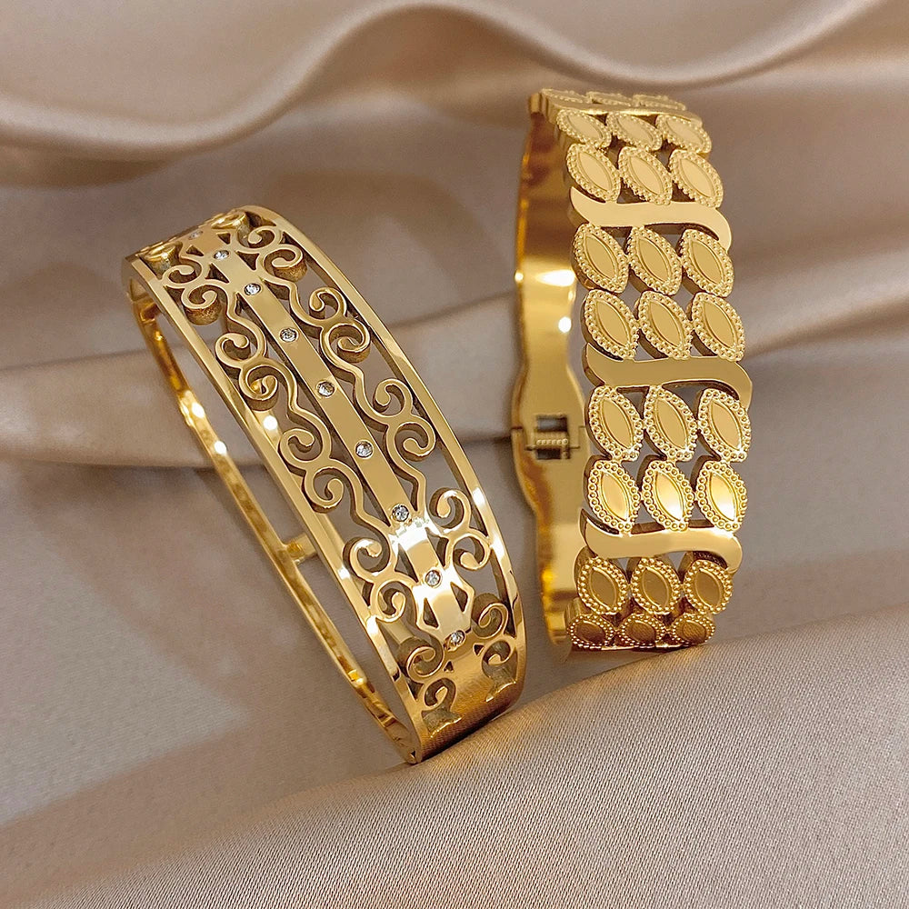 Delicate Geometric Flower Carved Wide Bracelet for Women Glossy Gold Plated Stainless Steel Cuff Bangles Waterproof Jewelry