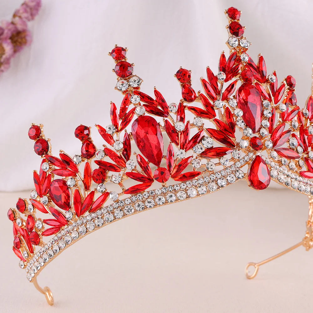 Red crystal rhinestone tiara headband with teardrop gems and leaf-like crown