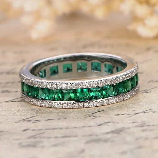 Green princess-cut zirconia ring with silver-toned pave bands