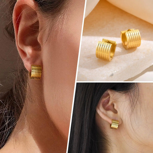 Gold Plated Stainless Steel Chunky Jewelry Ribbed Striped Circle Hoop Huggies Earrings for Women