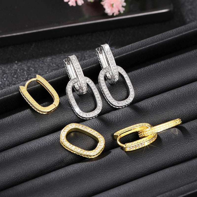 Fashion Geometric Oval Double Hoop Drop Earrings with Bright Zirconia Jewelry Gift