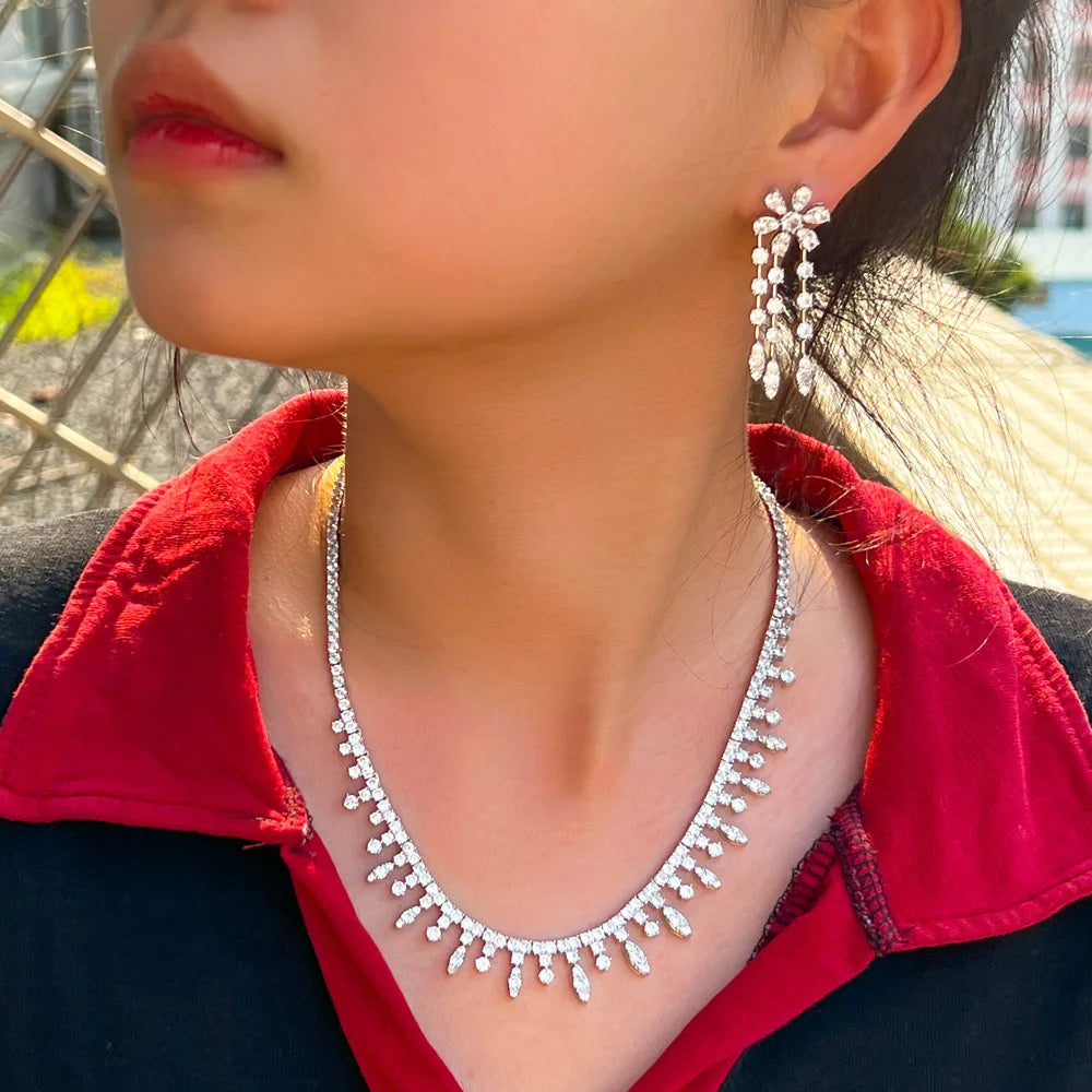 Bridal necklace and drop earrings set with sparkling cubic zirconia stones, silver-tone