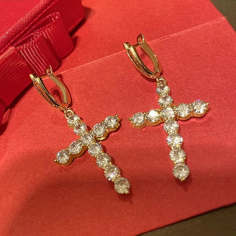 Fashion Round Cubic Zirconia Cross Dangle Earrings For Women m17