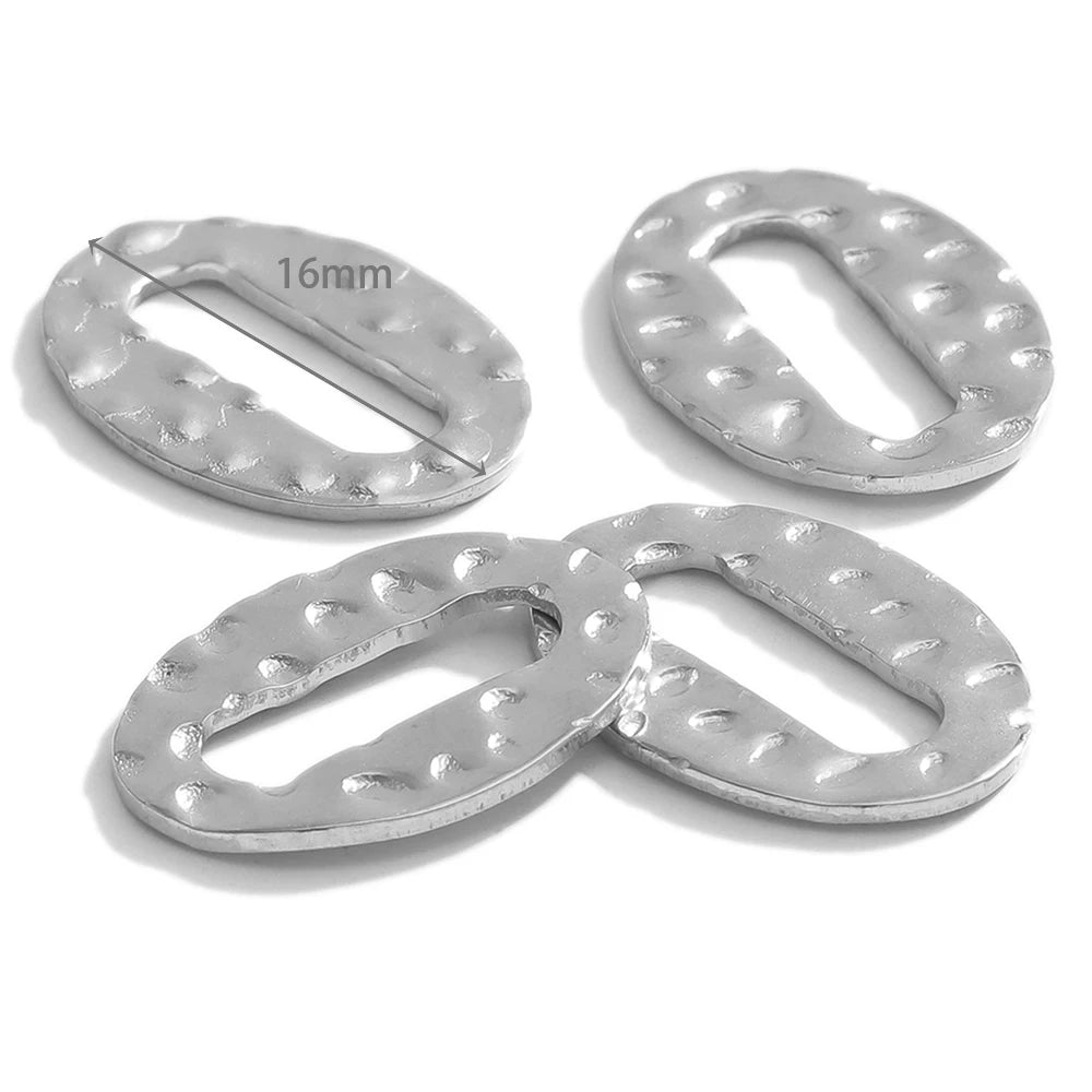Silver stainless hollow oval connectors with hammered texture, 16mm length marking shown
