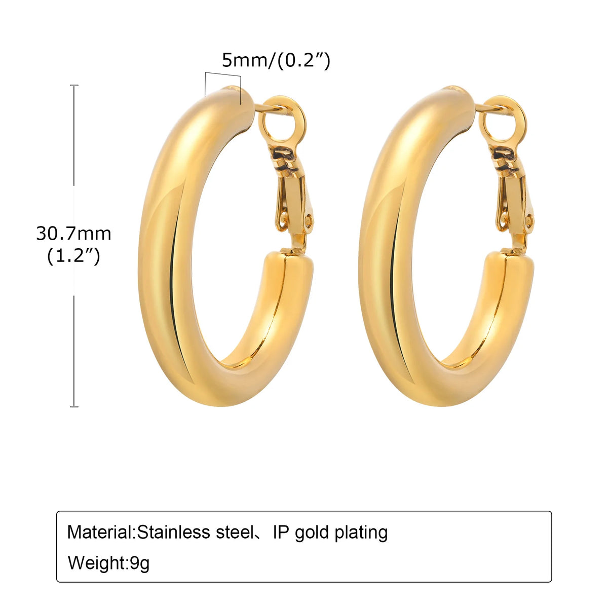 Gold-tone chunky hoop earrings, 30.7 mm tall and 5 mm wide, with hinged clasps