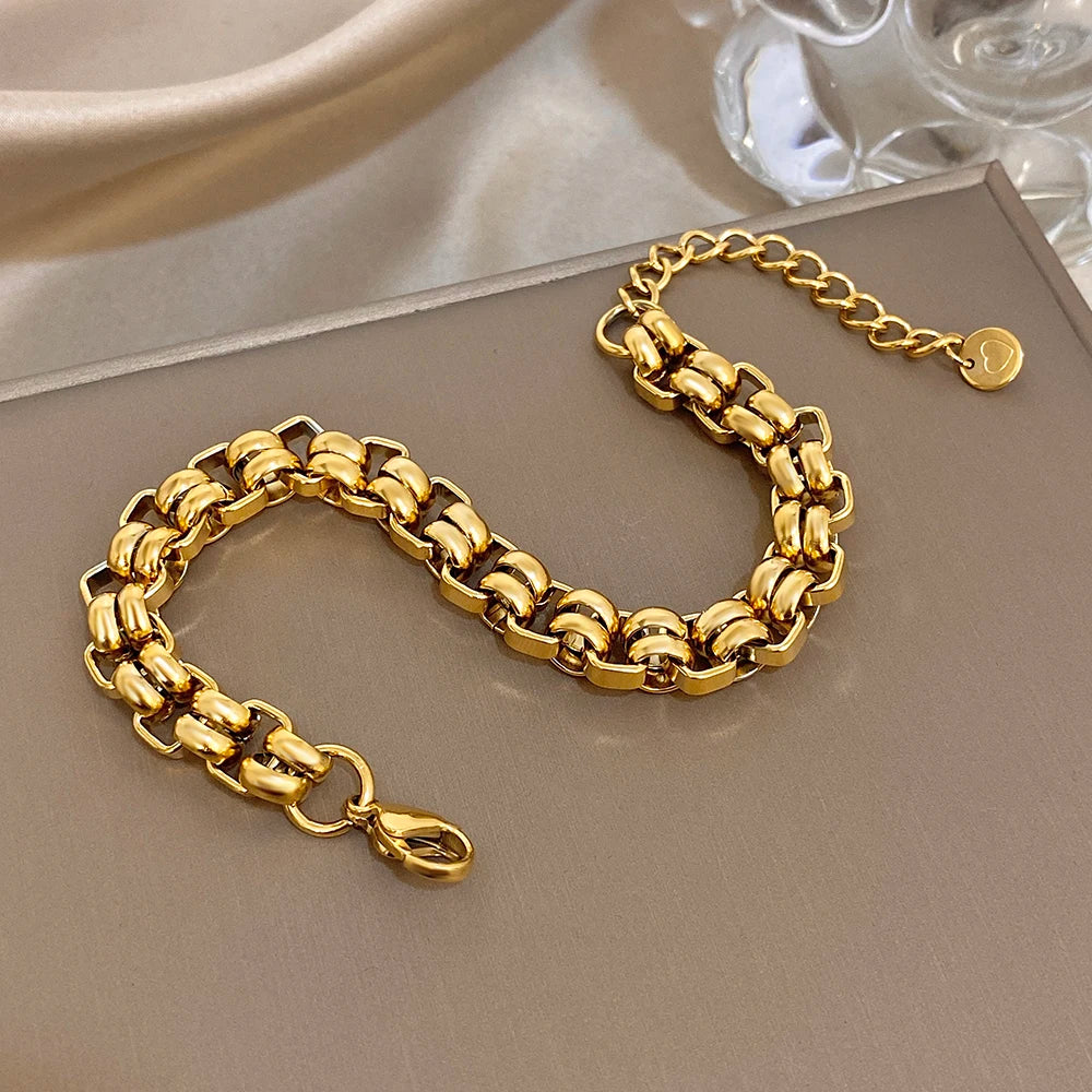 Chubby Geometric Circle Chain Bracelets for Women Fashion Gold Plated Stainless Steel Chunky Bracelet Waterproof Jewelry
