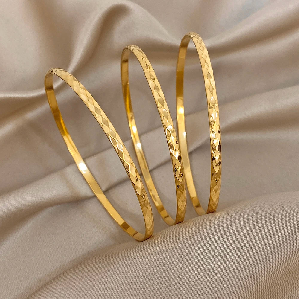 1pc/3pcs Hammered Gold Plated Stainless Steel Bangle for Women Shiny Geometric Slim Stackable Bracelets Waterproof Jewelry