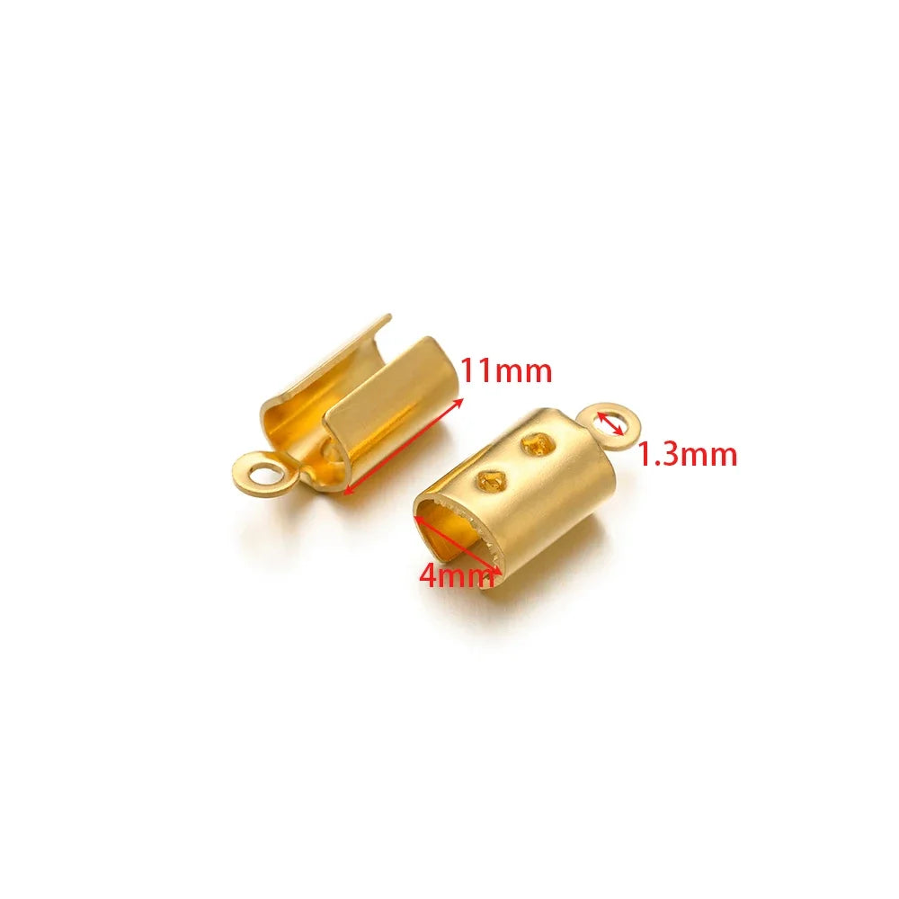 Gold crimp end bead caps, side loop metal tube ends with red-lined inner crimp opening.