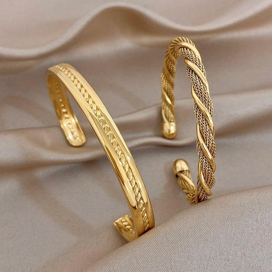 Punk Gold Plated Stainless Steel Cuff Bangle Bracelet for Women Men Fashion Glossy Twisted Chunky Bracelets Waterproof Jewelry