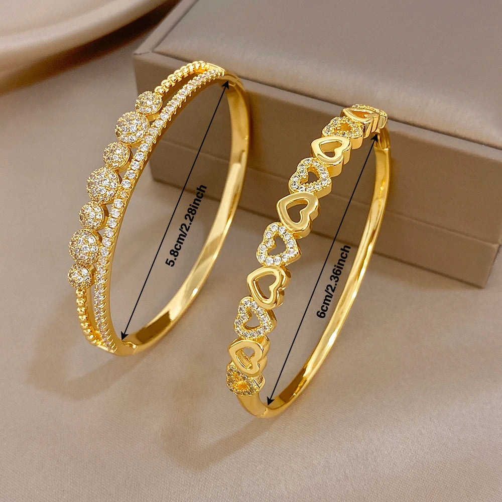 Gold heart zircon bangle bracelet set, gold-plated cuff bangles with pavé detail