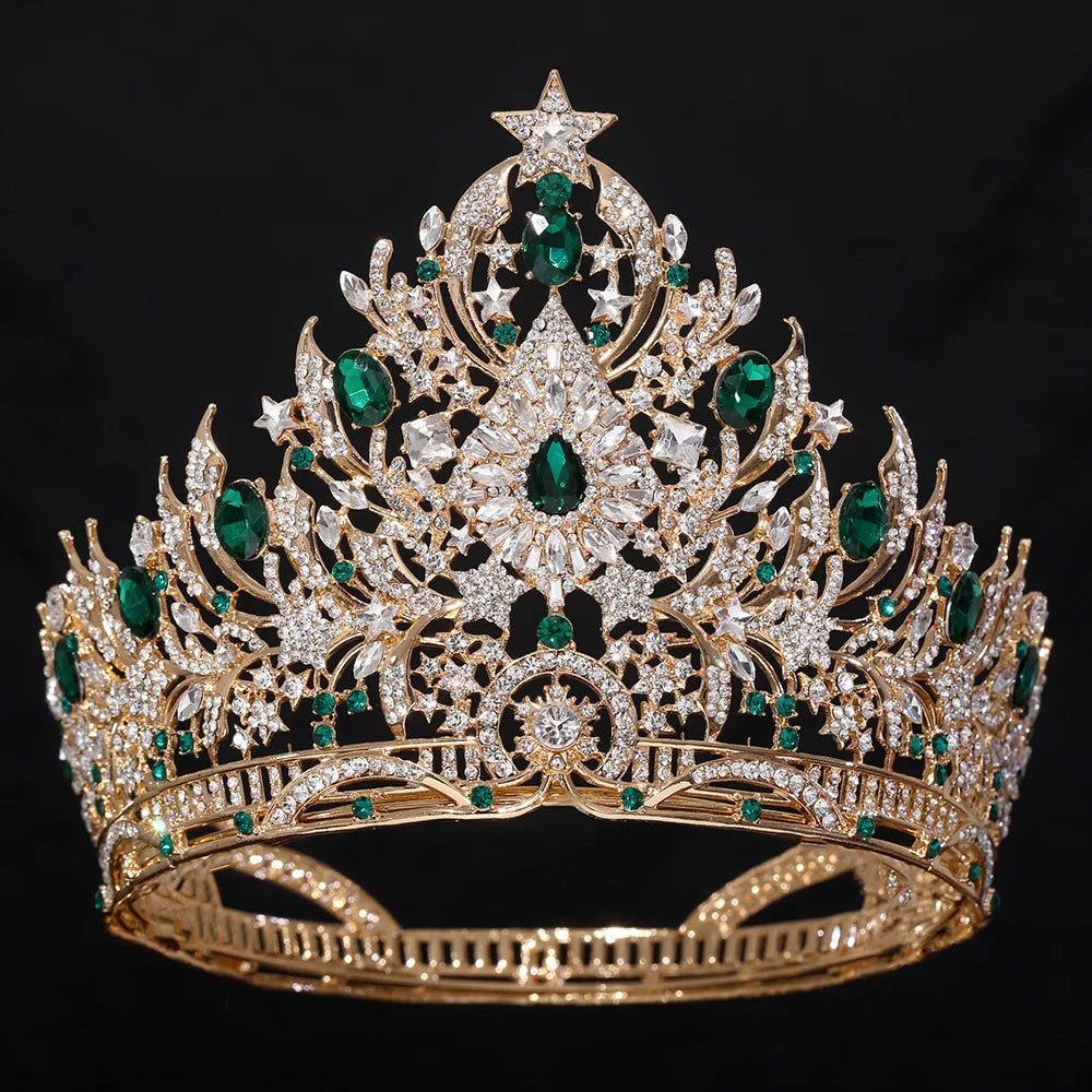 Gold-tone crystal bridal tiara with green gem accents and detailed filigree crown