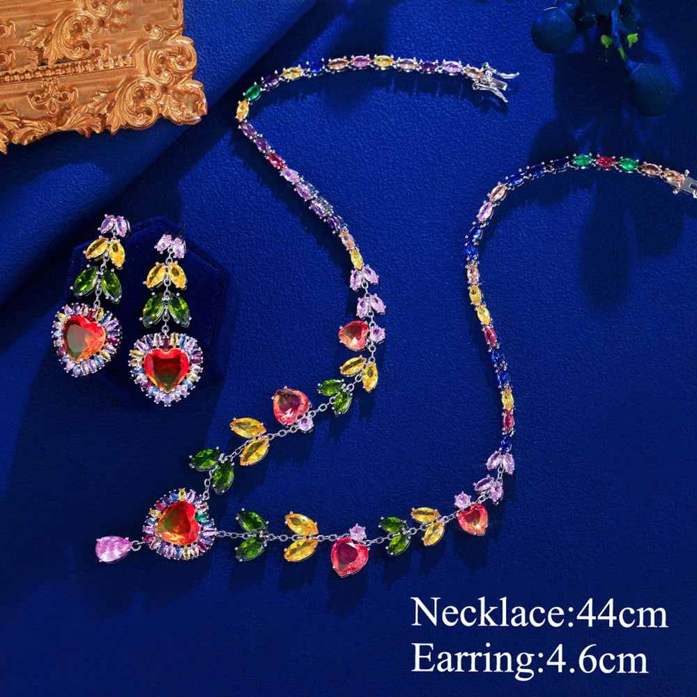 Multicolor heart zircon necklace and earrings; necklace is 44 cm and earrings are 4.6 cm