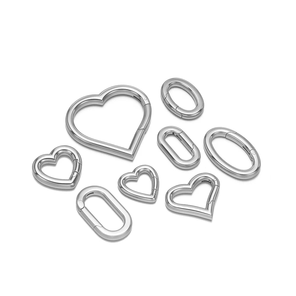 Oval heart spring buckle clasps, silver-tone metal heart connectors, set of 2