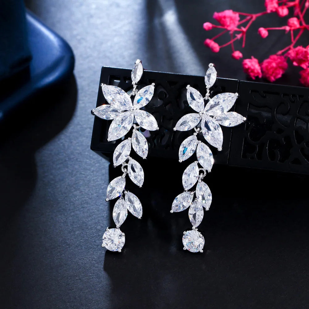 Bling Bling CZ Silver Plated Flower Leaf Shaped Long Dangle Earrings For Women Fashion Jewelry