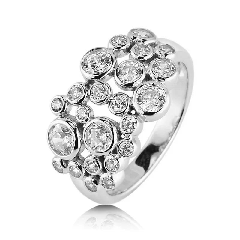 Silver-toned ring with clustered round cubic zirconia stones