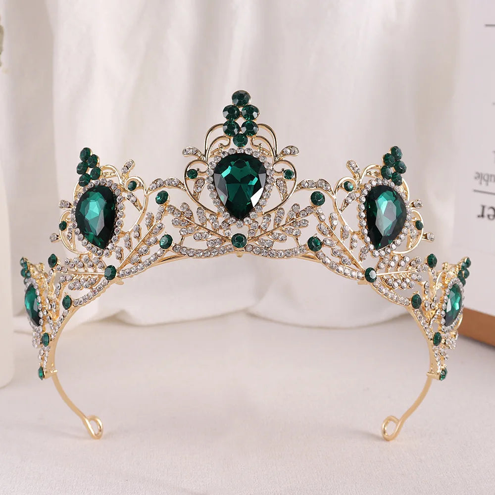 Gold bridal tiara with green rhinestone crown and dark green faceted center stone