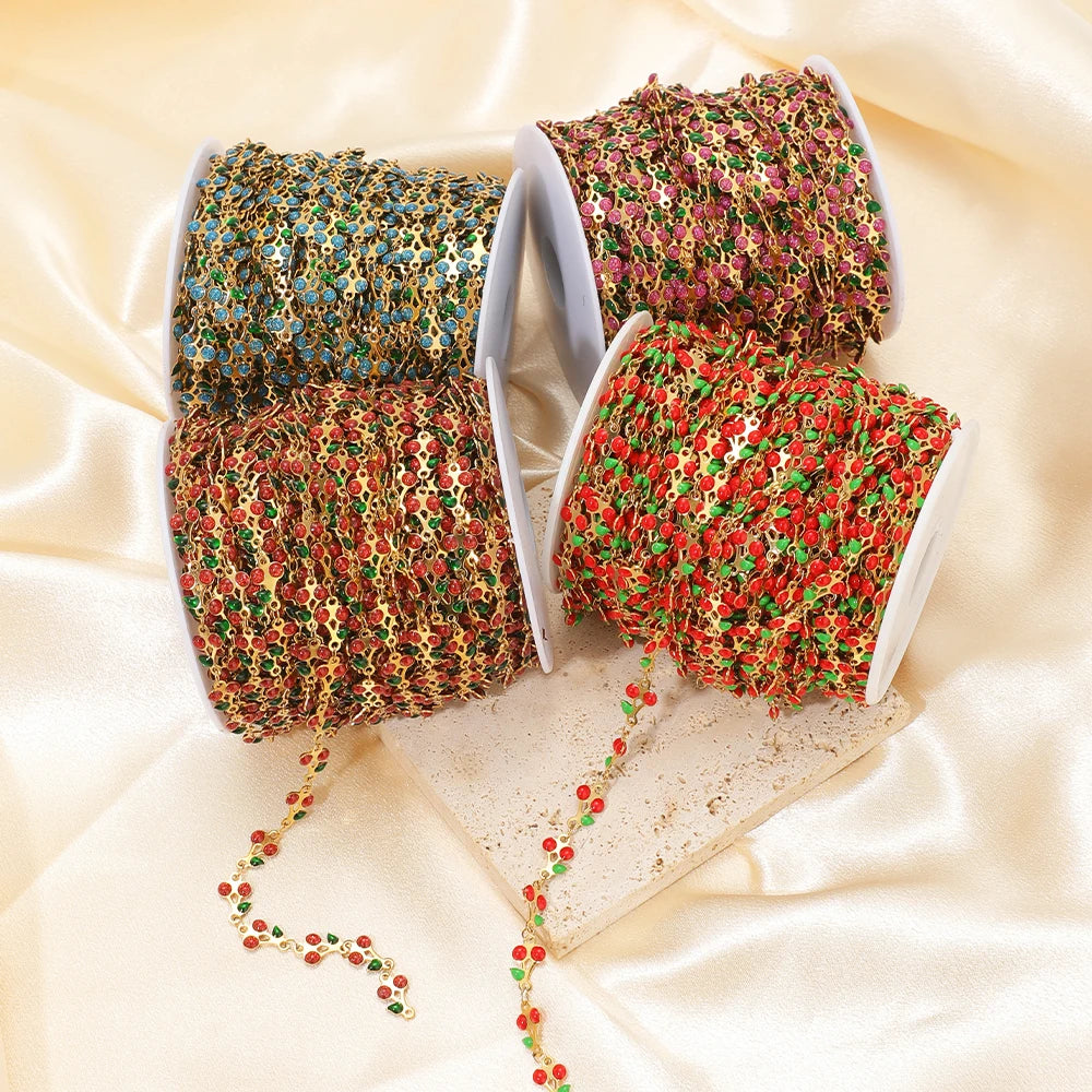 Assorted multicolor cherry charm chain spools for DIY necklaces, bracelets, and earrings