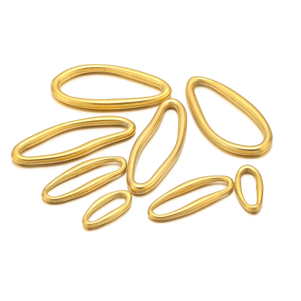 Gold irregular oval metal charm links, assorted shapes, flat loop style