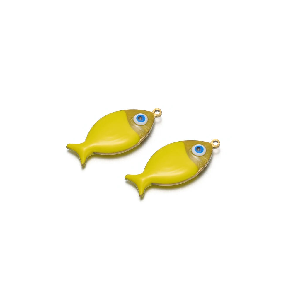 Yellow enamel fish charms with gold loop and blue eye detail, 2pcs for DIY jewelry.