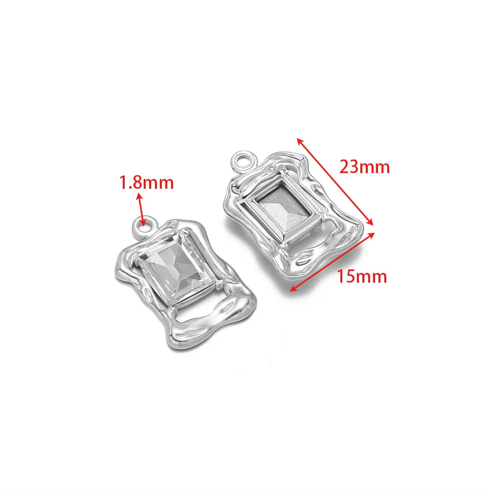 Stainless steel square rhinestone cuboid charm with hanging loop and clear crystal