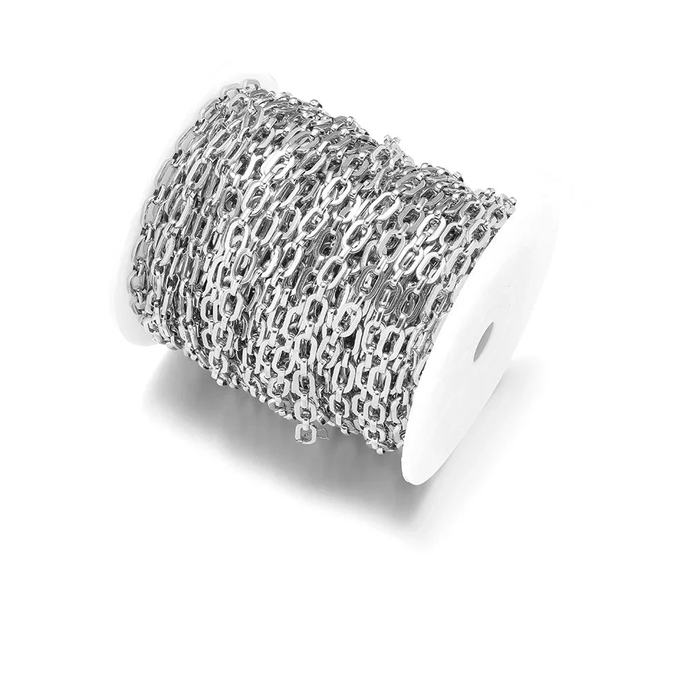 Silver square link chain on a white spool, with a strand extending from the roll