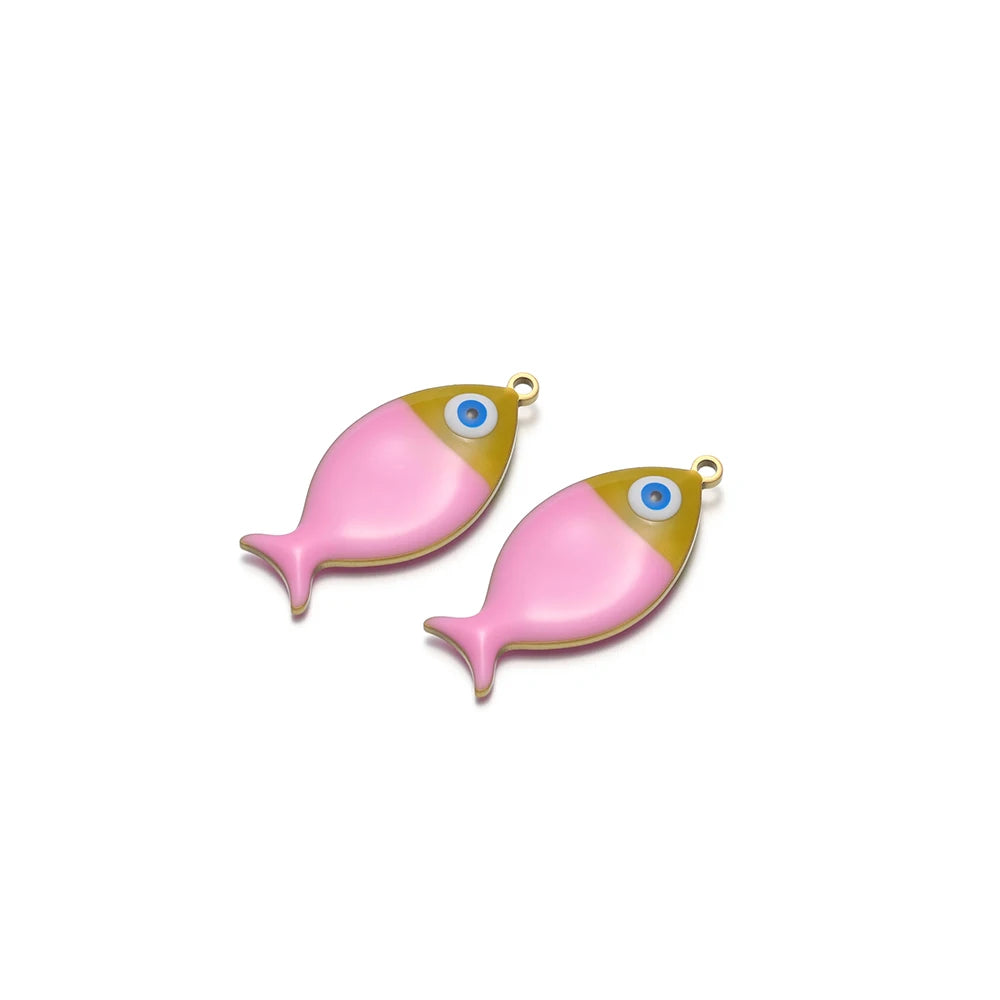 Light pink enamel fish charms with gold loop and blue eye detail, 2pcs for DIY jewelry.