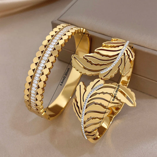 Chunky Gold Plated Stainless Steel Cuff Bangle for Women Men Glossy Leaf Feather Zircon Wide Bangle Bracelets Waterproof Jewelry