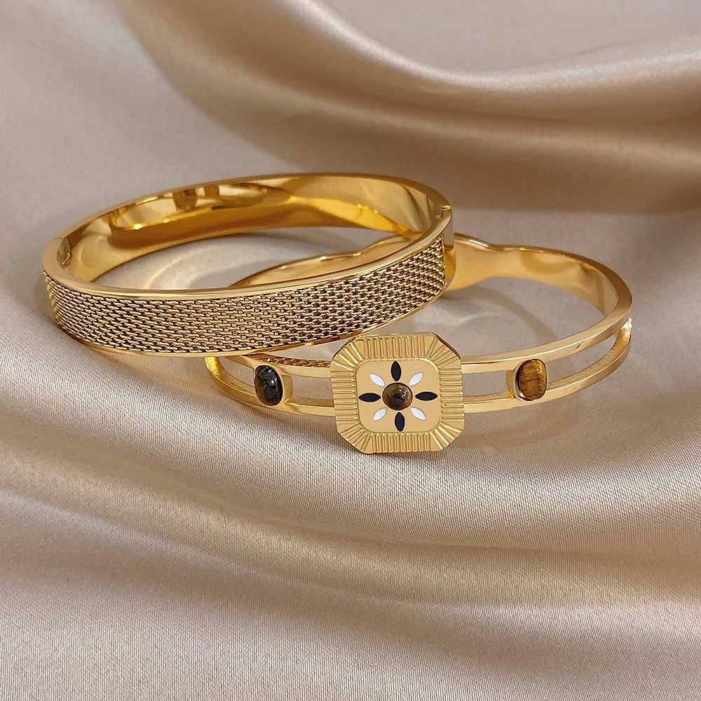Vintage Natural Stone Geometric Mesh Bracelet for Women Geometric Gold Plated Stainless Steel Cuff Bangles Waterproof Jewelry