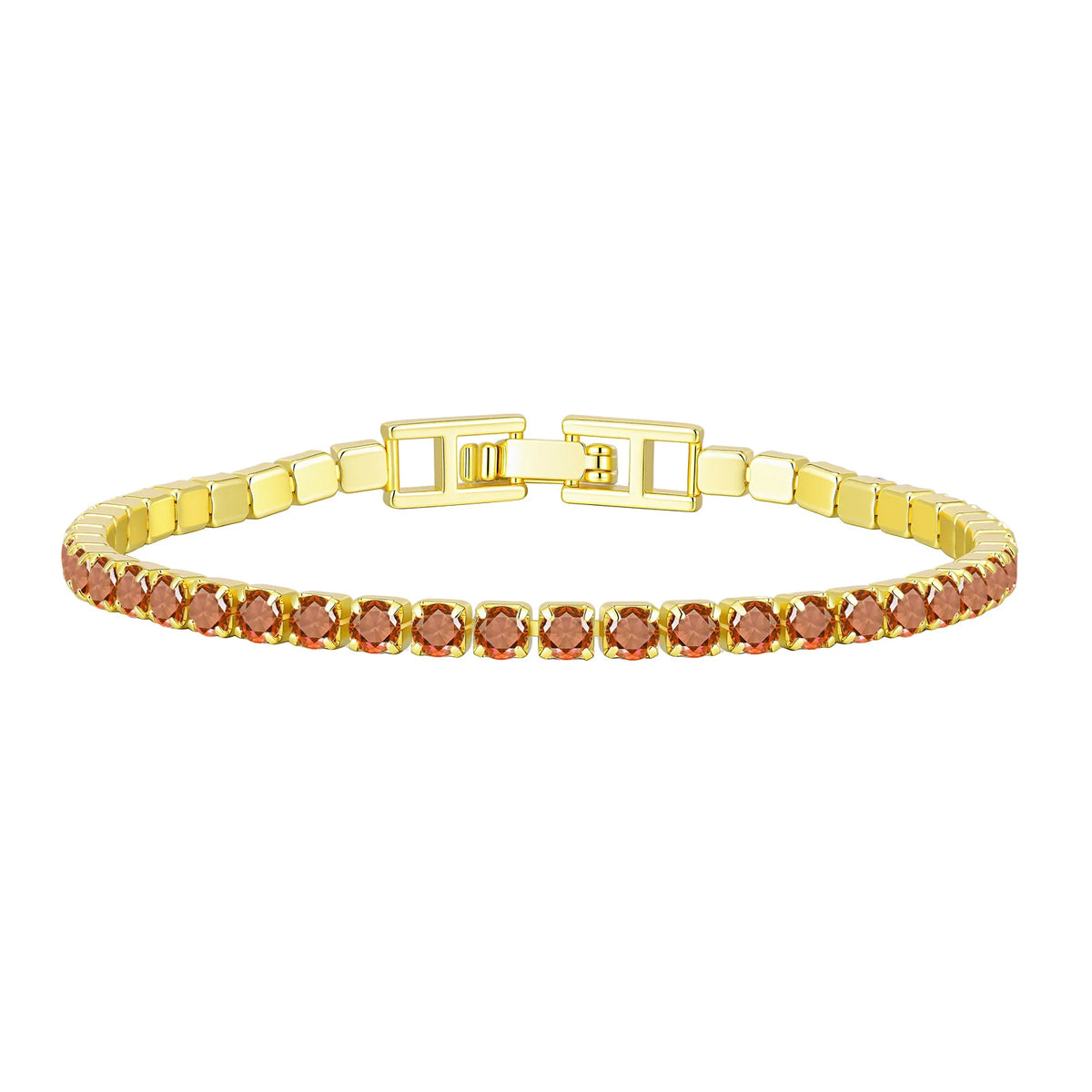 Gold tennis bracelet with red cubic zirconia stones and hinged clasp detail