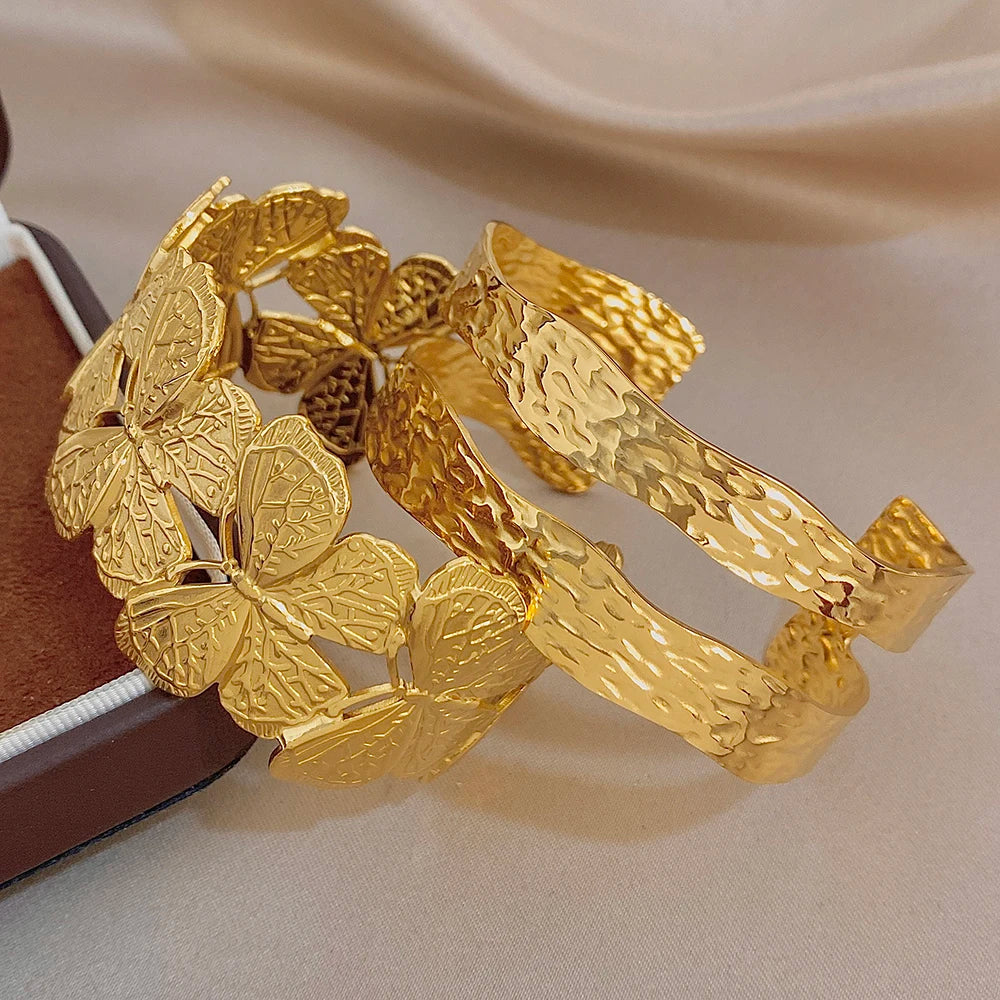 Irregular Hammered Geometric Butterfly Stainless Steel Cuff Bangle Exaggerated Gold Plated Wide Bracelets Waterproof Jewelry Set