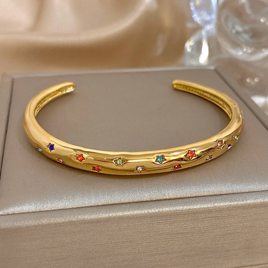 Delicate Colorful Zircon Cuff Bangle Bracelets for Women Trendy Gold Plated Stainless Steel Smooth Bangles Waterproof Jewelry