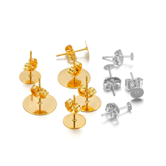 Gold and silver round flat stud earring settings, DIY blank bases with posts and backs