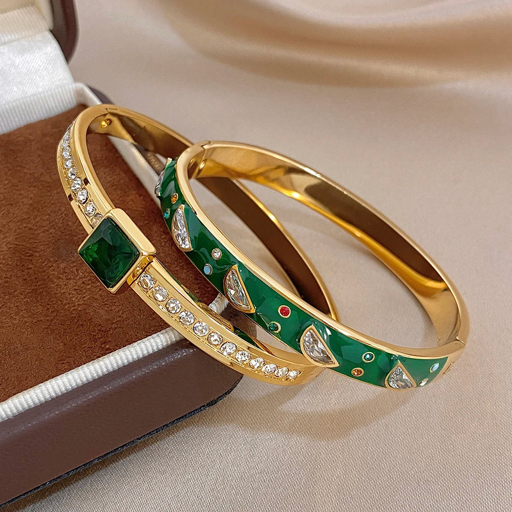 Delicate Green Enamel Stainless Steel Bangle for Women Glossy Colorful Zircon Stainless Steel Cuff Bracelets Waterproof Jewelry
