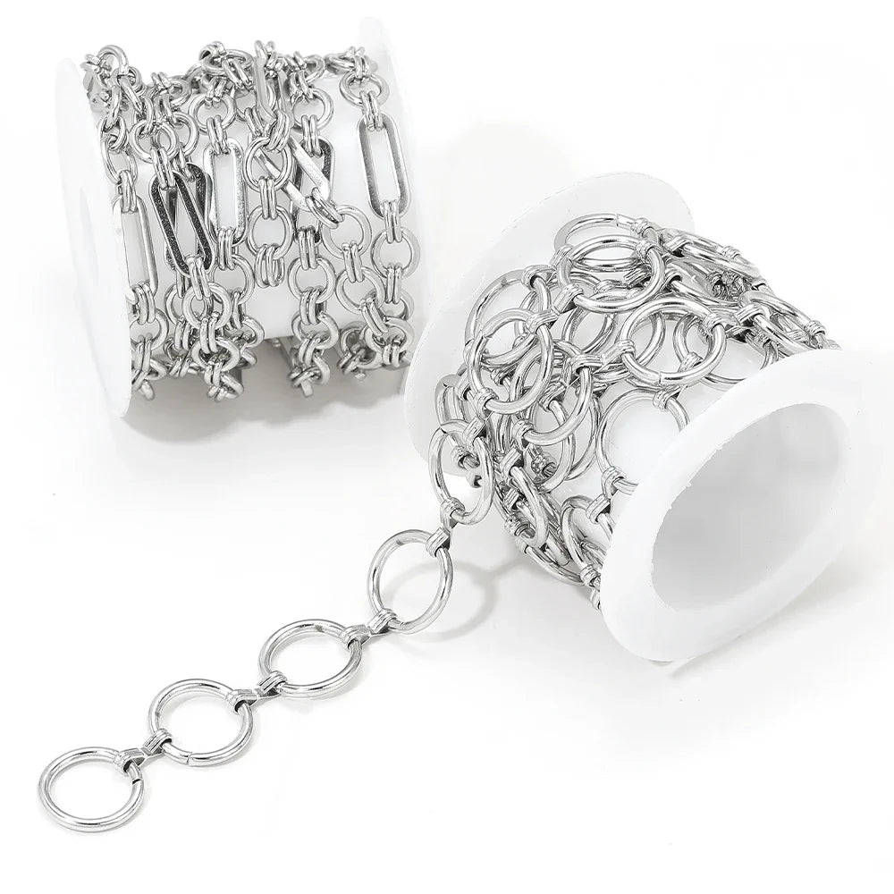 Stainless steel combined chain necklace on white holder, round link rings