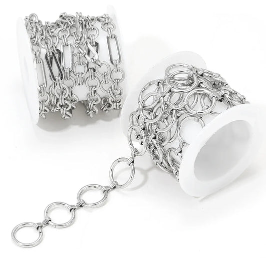 Stainless steel combined chain necklace on white holder, round link rings