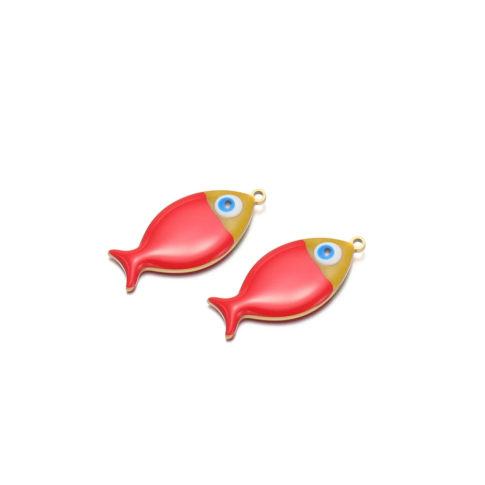 Red enamel fish charms with gold loop and blue eye detail, 2pcs for DIY jewelry.