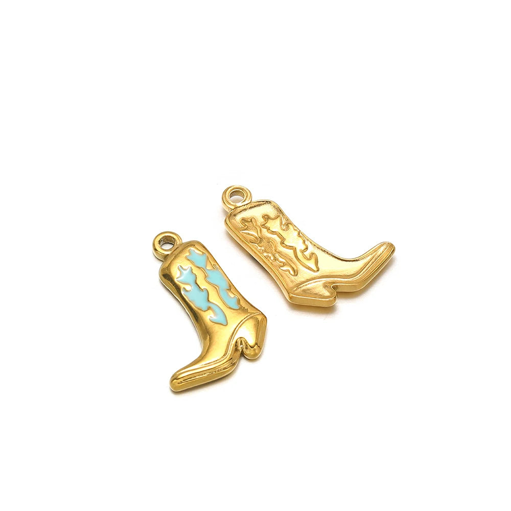 Gold-tone boot charm pendant with blue enamel, loop bail on top
